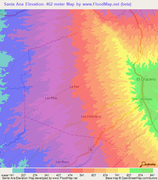 Santa Ana,Nicaragua Elevation Map