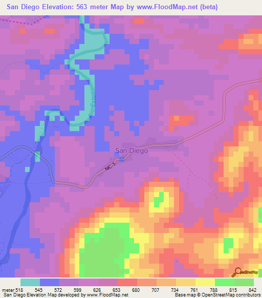 San Diego,Nicaragua Elevation Map