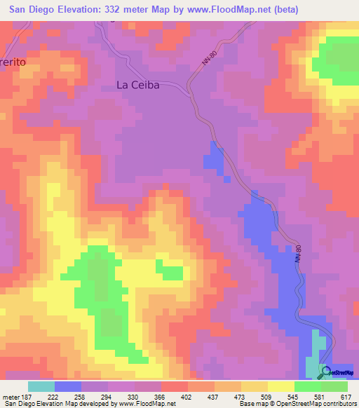 San Diego,Nicaragua Elevation Map
