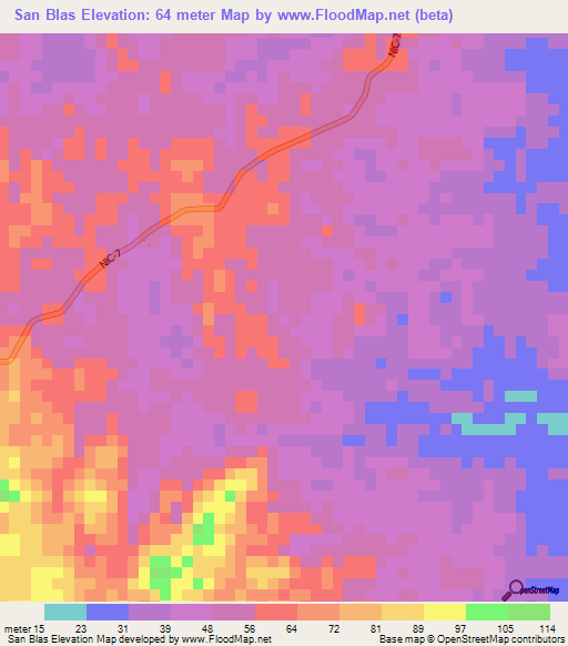 San Blas,Nicaragua Elevation Map