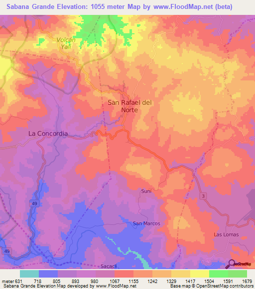 Sabana Grande,Nicaragua Elevation Map