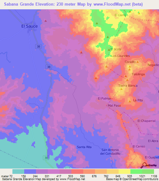 Sabana Grande,Nicaragua Elevation Map