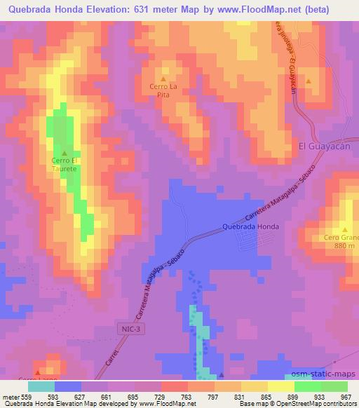 Quebrada Honda,Nicaragua Elevation Map