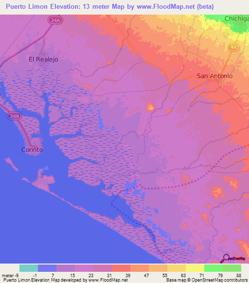 Puerto Limon,Nicaragua Elevation Map
