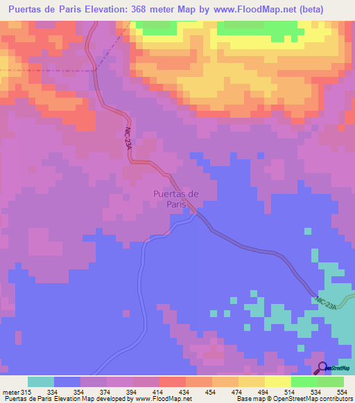 Puertas de Paris,Nicaragua Elevation Map