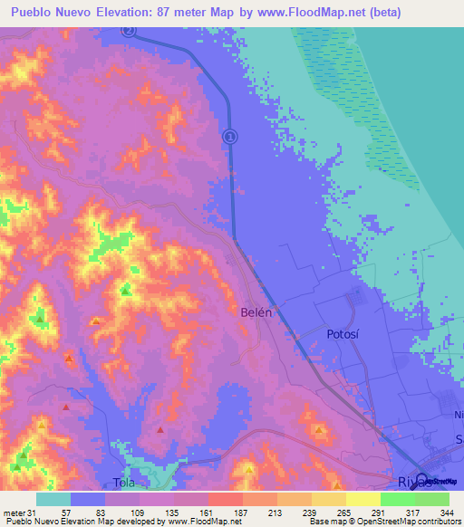 Pueblo Nuevo,Nicaragua Elevation Map