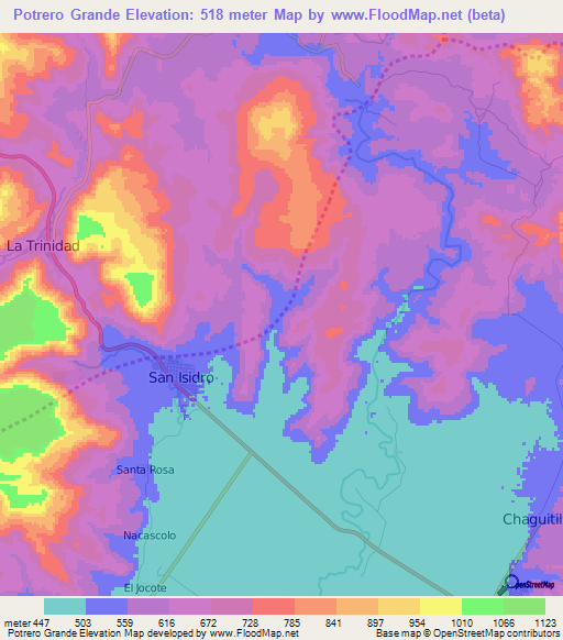 Potrero Grande,Nicaragua Elevation Map
