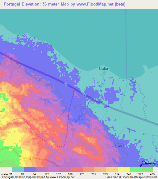 Portugal,Nicaragua Elevation Map