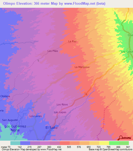 Olimpo,Nicaragua Elevation Map