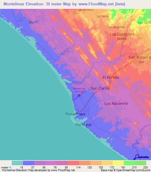 Montelimar,Nicaragua Elevation Map