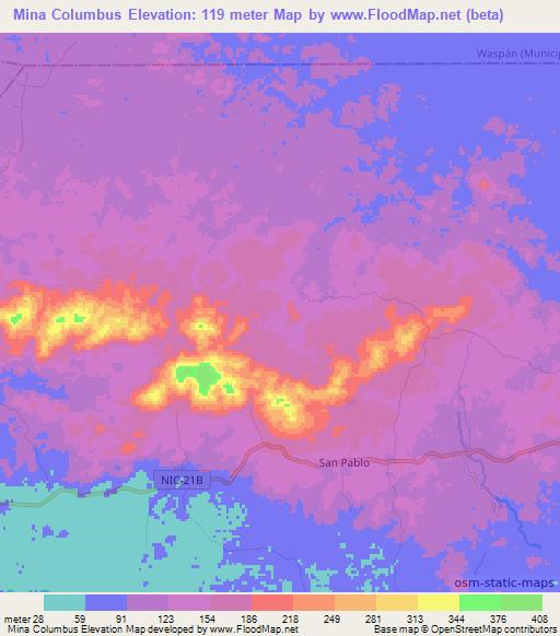 Mina Columbus,Nicaragua Elevation Map