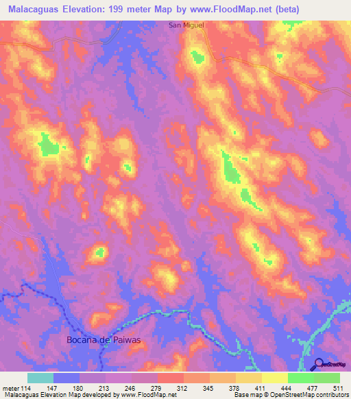 Malacaguas,Nicaragua Elevation Map