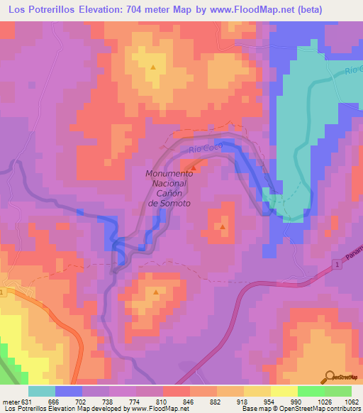 Los Potrerillos,Nicaragua Elevation Map