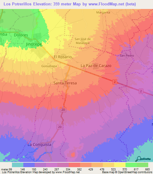 Los Potrerillos,Nicaragua Elevation Map