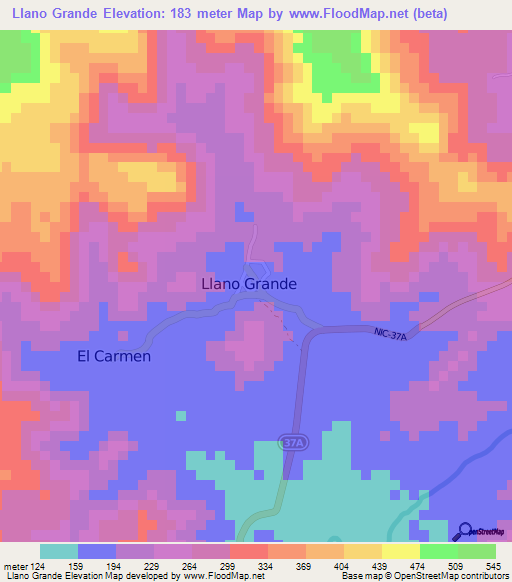 Llano Grande,Nicaragua Elevation Map