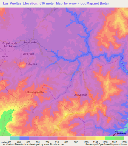 Las Vueltas,Nicaragua Elevation Map