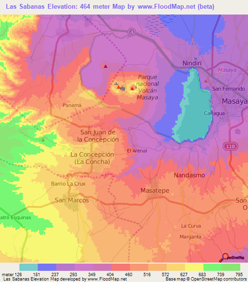 Las Sabanas,Nicaragua Elevation Map
