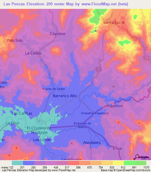 Las Pencas,Nicaragua Elevation Map