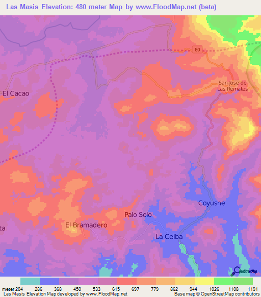 Las Masis,Nicaragua Elevation Map