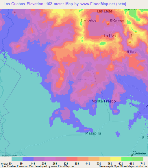 Las Guabas,Nicaragua Elevation Map