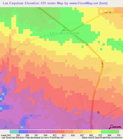 Las Esquinas,Nicaragua Elevation Map