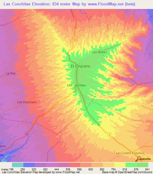 Las Conchitas,Nicaragua Elevation Map