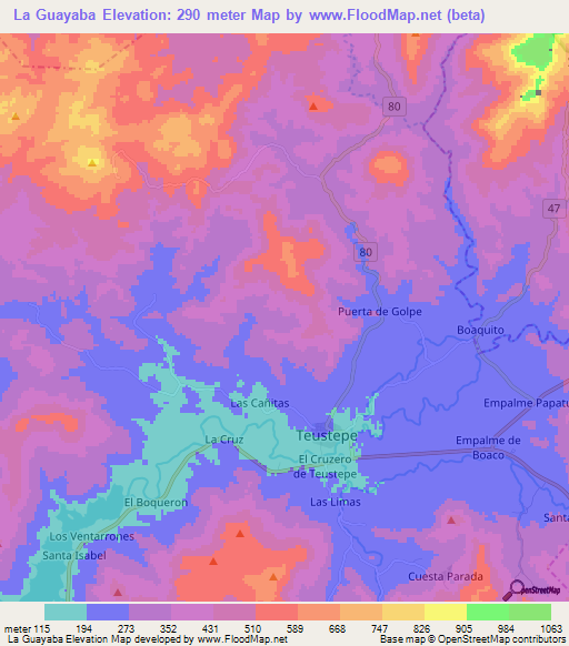 La Guayaba,Nicaragua Elevation Map