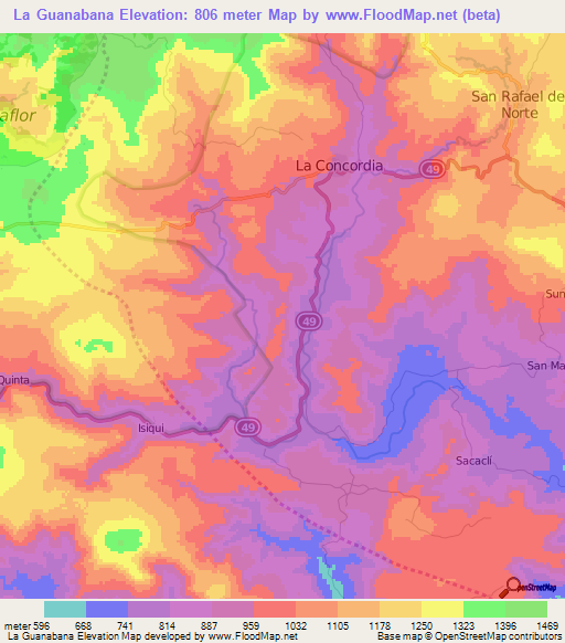 La Guanabana,Nicaragua Elevation Map