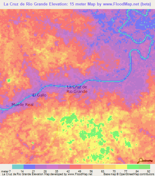 La Cruz de Rio Grande,Nicaragua Elevation Map