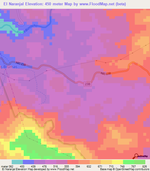 El Naranjal,Nicaragua Elevation Map