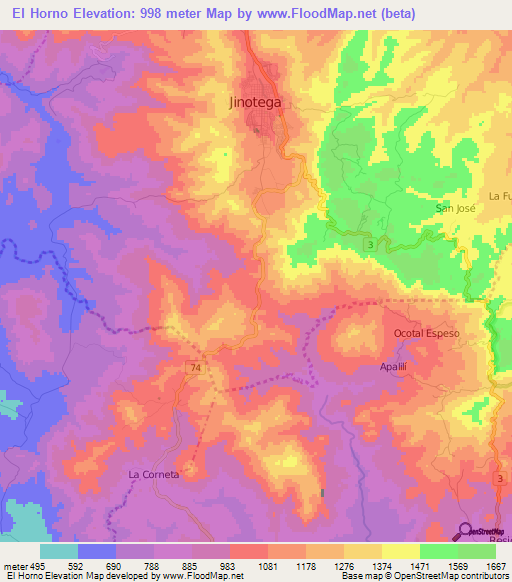 El Horno,Nicaragua Elevation Map