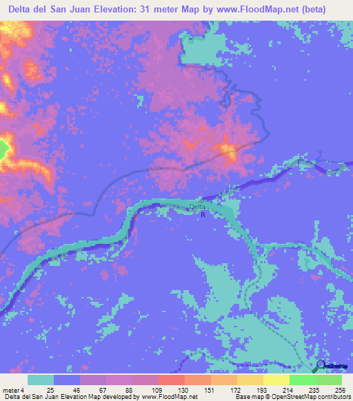 Delta del San Juan,Nicaragua Elevation Map