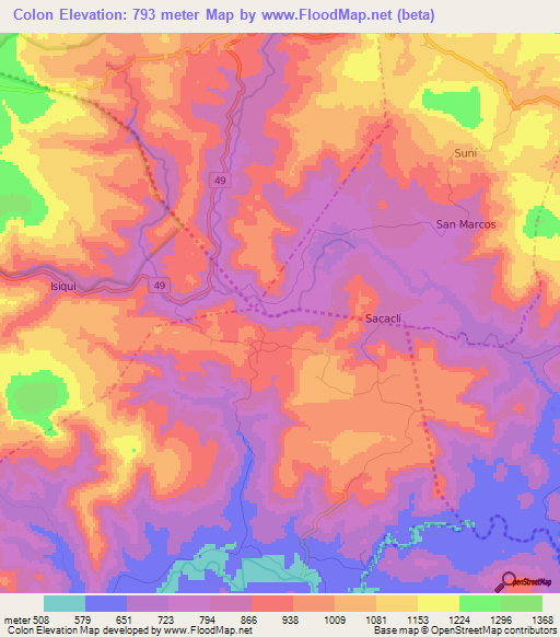 Colon,Nicaragua Elevation Map
