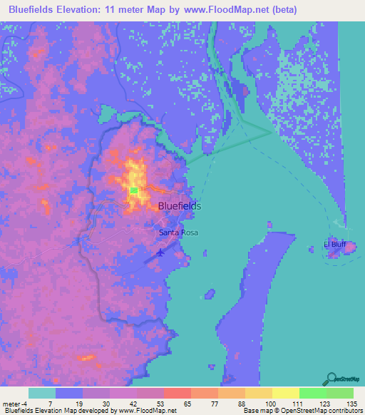 Bluefields,Nicaragua Elevation Map