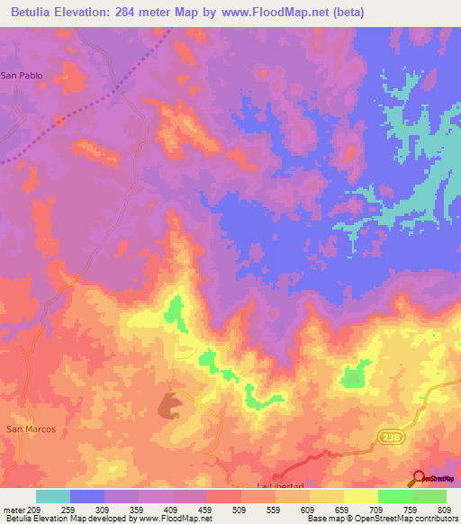 Betulia,Nicaragua Elevation Map
