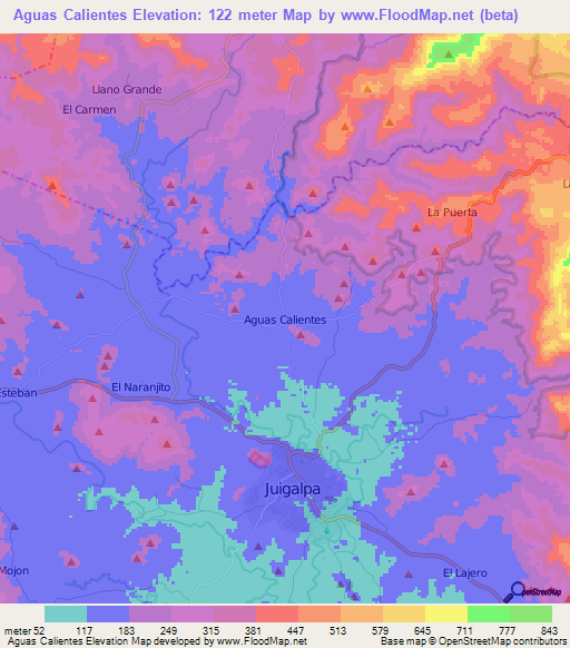 Aguas Calientes,Nicaragua Elevation Map