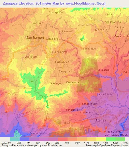 Zaragoza,Costa Rica Elevation Map