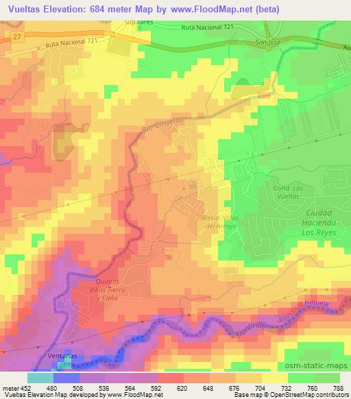 Vueltas,Costa Rica Elevation Map