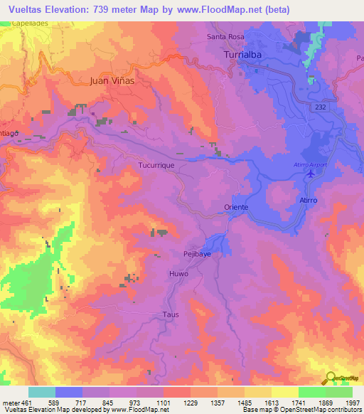 Vueltas,Costa Rica Elevation Map