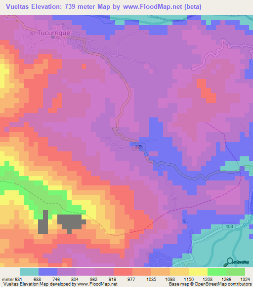Vueltas,Costa Rica Elevation Map