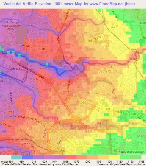 Vuelta del Virilla,Costa Rica Elevation Map