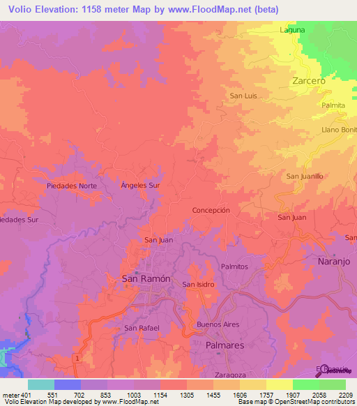 Volio,Costa Rica Elevation Map