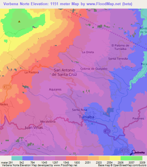 Verbena Norte,Costa Rica Elevation Map