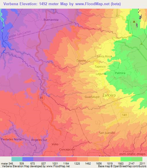 Verbena,Costa Rica Elevation Map
