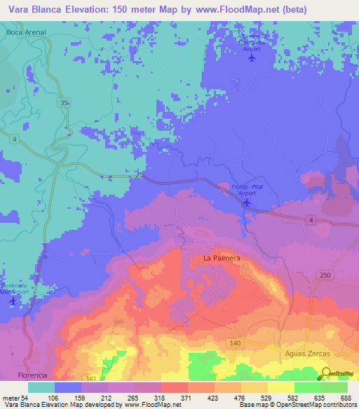 Vara Blanca,Costa Rica Elevation Map