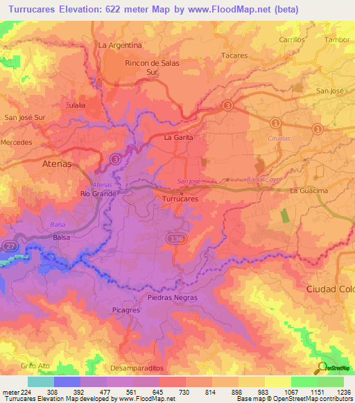 Turrucares,Costa Rica Elevation Map