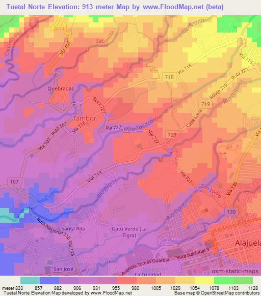 Tuetal Norte,Costa Rica Elevation Map