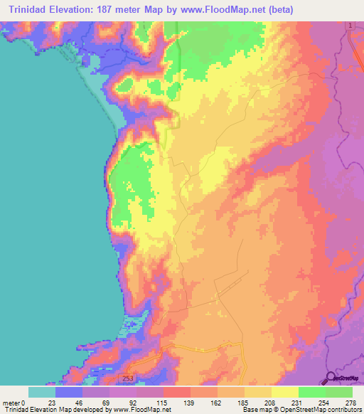 Trinidad,Costa Rica Elevation Map