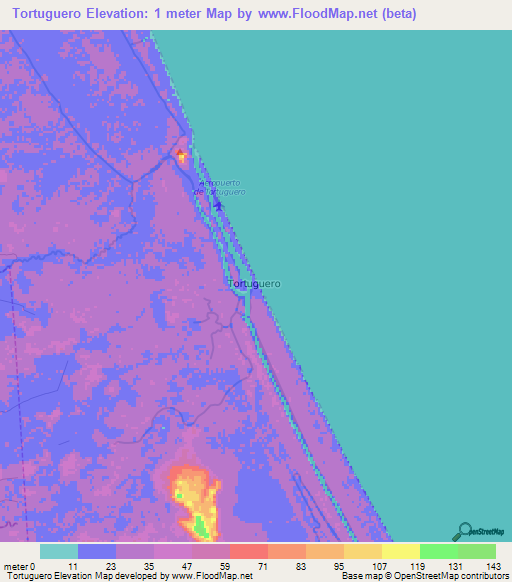 Tortuguero,Costa Rica Elevation Map