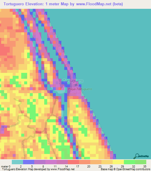 Tortuguero,Costa Rica Elevation Map